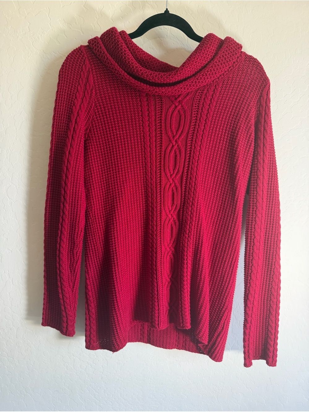 Jeanne Pierre Red 100% Cotton Cable Knit Cowl Neck Sweater Small Chunky Pullover